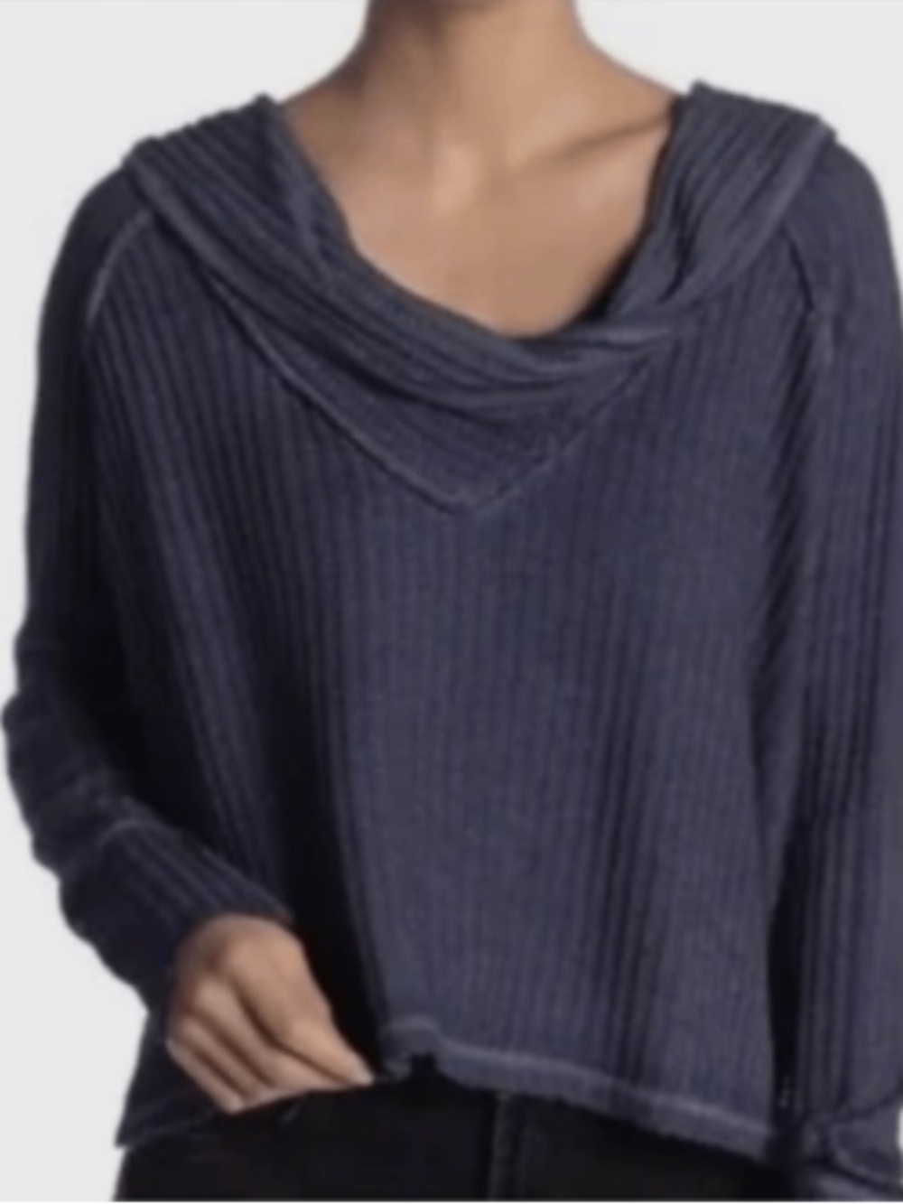Free People Wildcat Navy Blue Cowl Neck Thin Waffle Knit Long Sleeve Crop Med